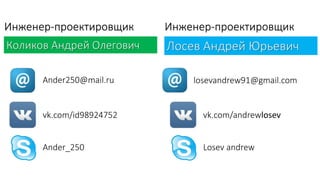 Инженер-проектировщик
Коликов Андрей Олегович
Ander250@mail.ru
vk.com/id98924752
Ander_250
Инженер-проектировщик
Лосев Андрей Юрьевич
losevandrew91@gmail.com
vk.com/andrewlosev
Losev andrew
 