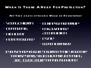 Any Time a Loss of Income Would be Devastating! If you’ve had your Life Insurance policy for more than five years, you could easily be paying 30% to 70% more  than you should be. Real Hope, Real Opportunity, Real Freedom for Real People! When Is There A Need For Protection? Young Children Dependents High Debt Home Mortgage Business Partnership Tax Advantage Accumulation Estate Wealth Transfer 