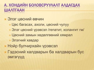А. ХӨНДИЙН БОЛОВСРУУЛАЛТ АЛДАГДАХ
ШАЛТГААН


Элэг цөсний өвчин
 Цөс

багасах, ахоли, цөсний чулуу
 Элэг цөсний үрэвсэл /гепатит, холангит гм/
 Цөсний замын хөдөлгөөний хямрал
 Элэгний хавдар

Нойр булчирхайн үрэвсэл
 Гэдэсний халдварын ба халдварын бус
эмгэгүүд


 