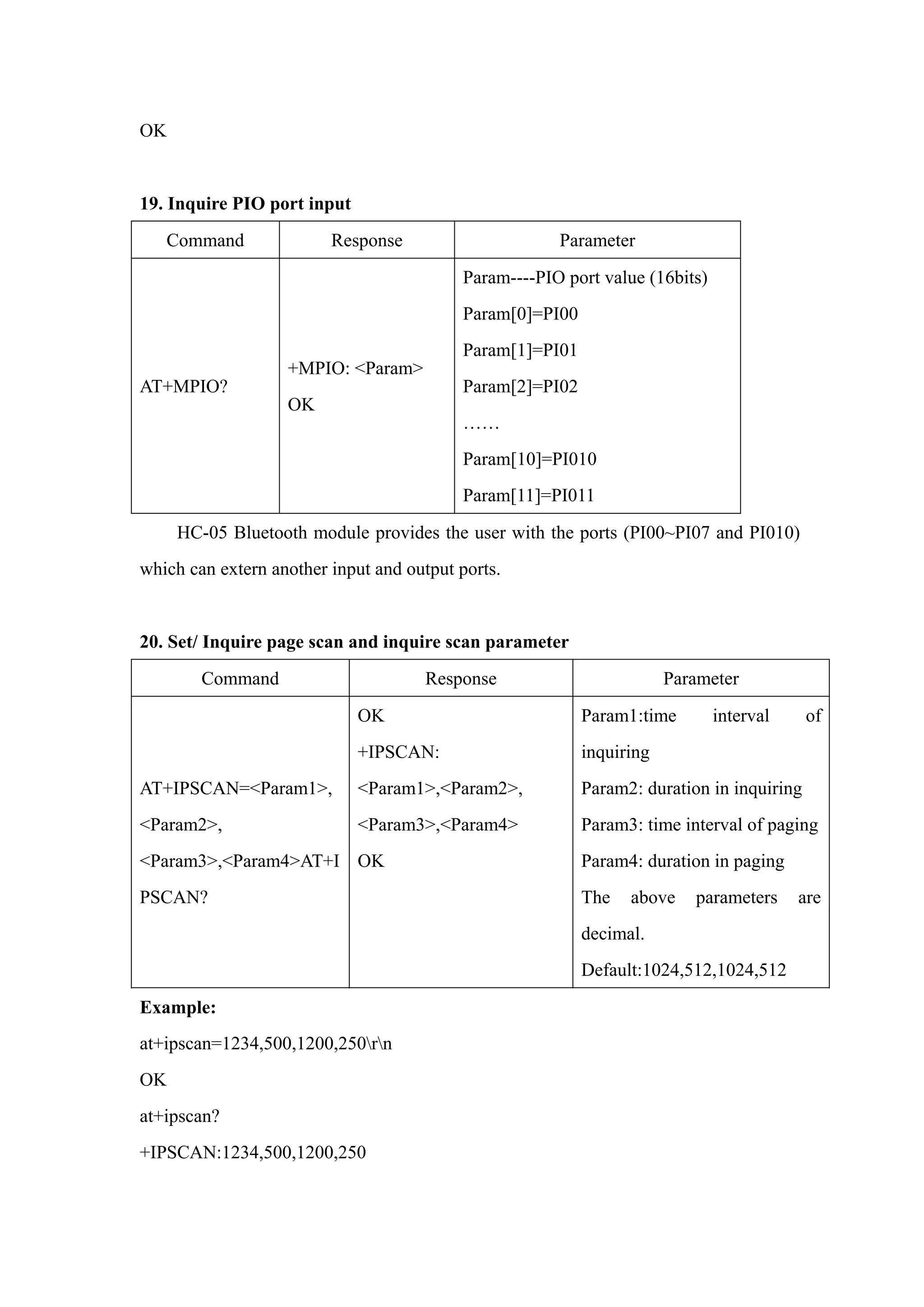 OK
19. Inquire PIO port input
Command Response Parameter
AT+MPIO?
+MPIO: <Param>
OK
Param----PIO port value (16bits)
Param[0]=PI00
Param[1]=PI01
Param[2]=PI02
……
Param[10]=PI010
Param[11]=PI011
HC-05 Bluetooth module provides the user with the ports (PI00~PI07 and PI010)
which can extern another input and output ports.
20. Set/ Inquire page scan and inquire scan parameter
Command Response Parameter
AT+IPSCAN=<Param1>,
<Param2>,
<Param3>,<Param4>AT+I
PSCAN?
OK
+IPSCAN:
<Param1>,<Param2>,
<Param3>,<Param4>
OK
Param1:time interval of
inquiring
Param2: duration in inquiring
Param3: time interval of paging
Param4: duration in paging
The above parameters are
decimal.
Default:1024,512,1024,512
Example:
at+ipscan=1234,500,1200,250rn
OK
at+ipscan?
+IPSCAN:1234,500,1200,250
 