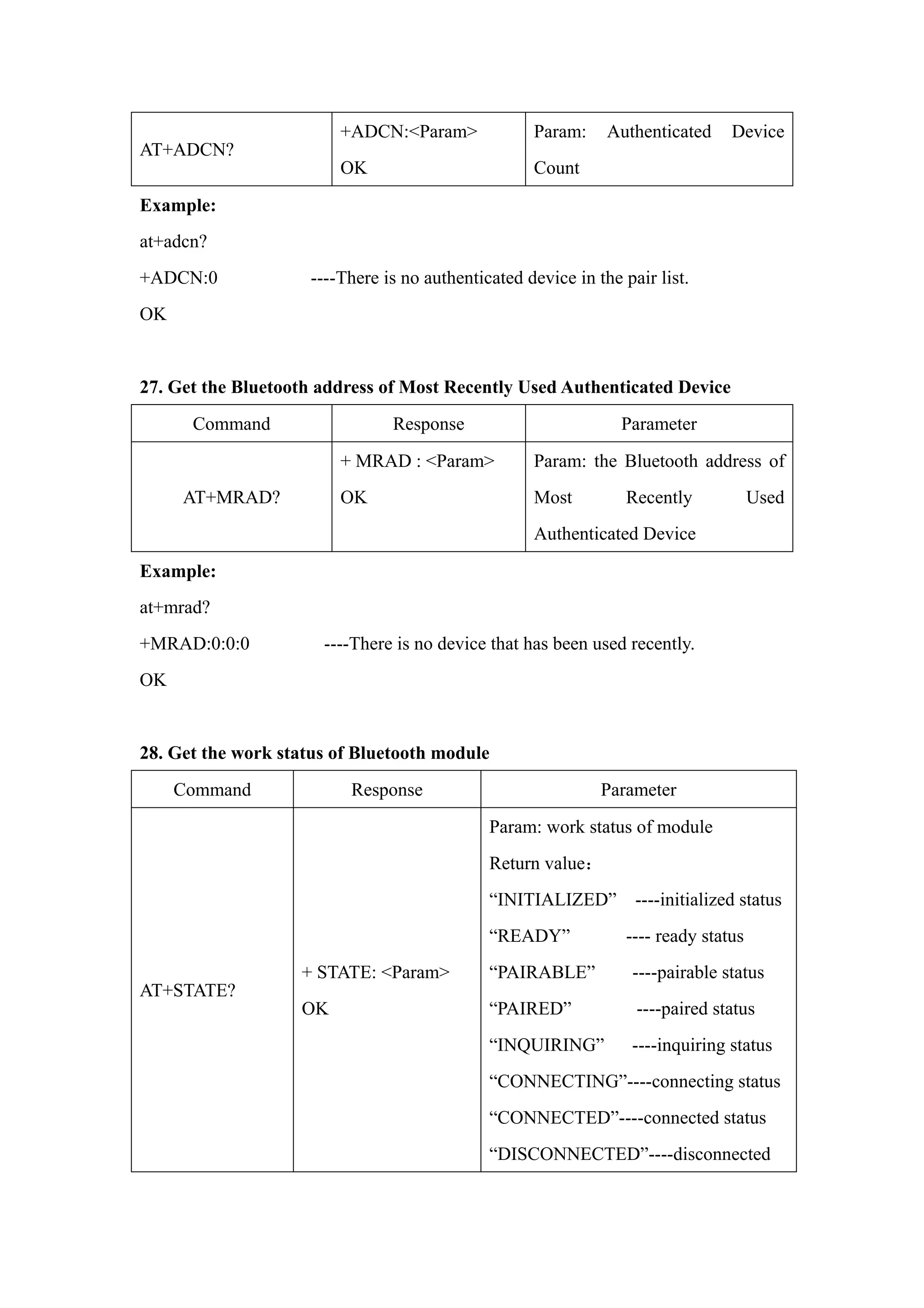 AT+ADCN?
+ADCN:<Param>
OK
Param: Authenticated Device
Count
Example:
at+adcn?
+ADCN:0 ----There is no authenticated device in the pair list.
OK
27. Get the Bluetooth address of Most Recently Used Authenticated Device
Command Response Parameter
AT+MRAD?
+ MRAD : <Param>
OK
Param: the Bluetooth address of
Most Recently Used
Authenticated Device
Example:
at+mrad?
+MRAD:0:0:0 ----There is no device that has been used recently.
OK
28. Get the work status of Bluetooth module
Command Response Parameter
AT+STATE?
+ STATE: <Param>
OK
Param: work status of module
Return value：
“INITIALIZED” ----initialized status
“READY” ---- ready status
“PAIRABLE” ----pairable status
“PAIRED” ----paired status
“INQUIRING” ----inquiring status
“CONNECTING”----connecting status
“CONNECTED”----connected status
“DISCONNECTED”----disconnected
 