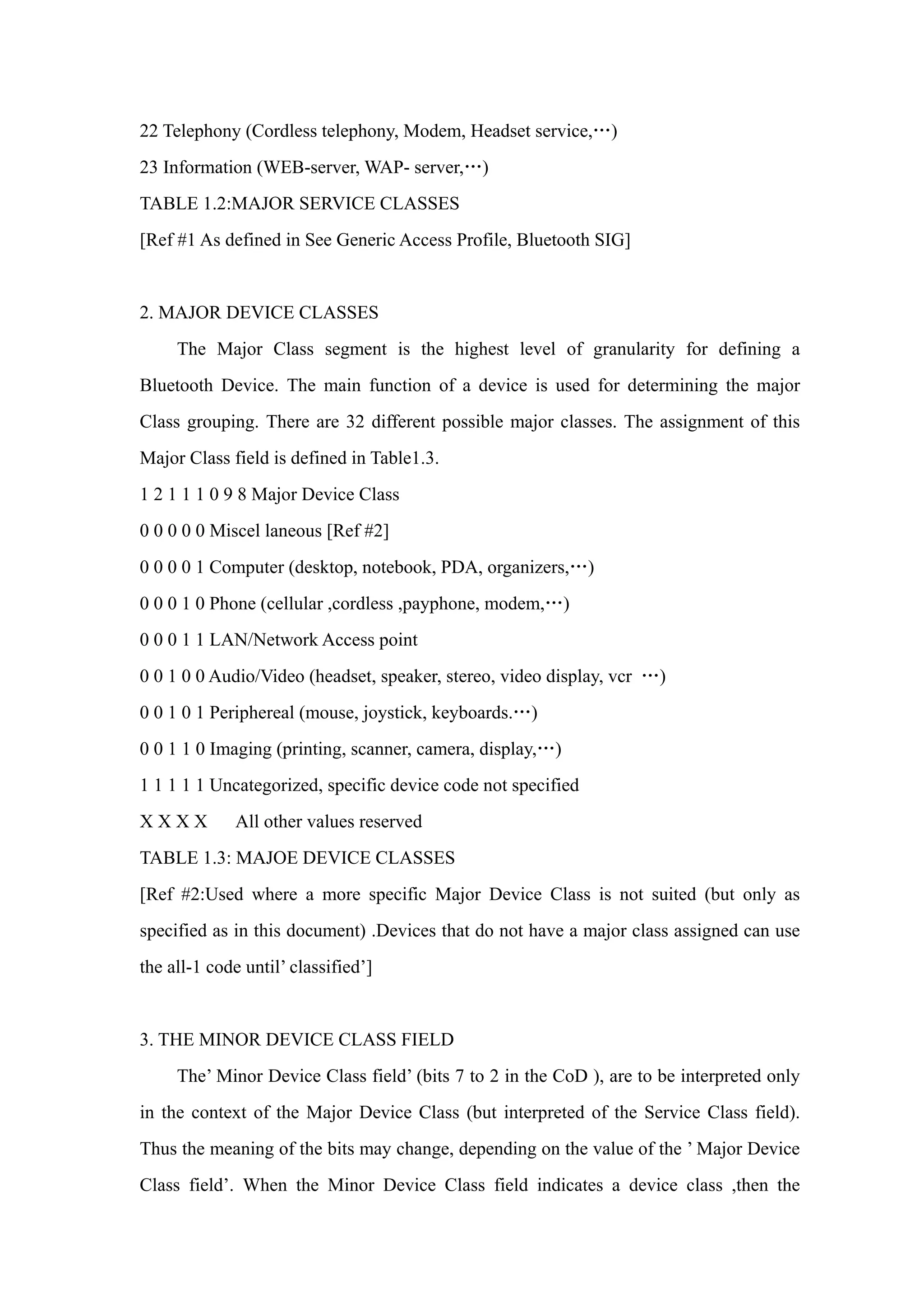 22 Telephony (Cordless telephony, Modem, Headset service,…)
23 Information (WEB-server, WAP- server,…)
TABLE 1.2:MAJOR SERVICE CLASSES
[Ref #1 As defined in See Generic Access Profile, Bluetooth SIG]
2. MAJOR DEVICE CLASSES
The Major Class segment is the highest level of granularity for defining a
Bluetooth Device. The main function of a device is used for determining the major
Class grouping. There are 32 different possible major classes. The assignment of this
Major Class field is defined in Table1.3.
1 2 1 1 1 0 9 8 Major Device Class
0 0 0 0 0 Miscel laneous [Ref #2]
0 0 0 0 1 Computer (desktop, notebook, PDA, organizers,…)
0 0 0 1 0 Phone (cellular ,cordless ,payphone, modem,…)
0 0 0 1 1 LAN/Network Access point
0 0 1 0 0 Audio/Video (headset, speaker, stereo, video display, vcr …)
0 0 1 0 1 Periphereal (mouse, joystick, keyboards.…)
0 0 1 1 0 Imaging (printing, scanner, camera, display,…)
1 1 1 1 1 Uncategorized, specific device code not specified
X X X X All other values reserved
TABLE 1.3: MAJOE DEVICE CLASSES
[Ref #2:Used where a more specific Major Device Class is not suited (but only as
specified as in this document) .Devices that do not have a major class assigned can use
the all-1 code until’ classified’]
3. THE MINOR DEVICE CLASS FIELD
The’ Minor Device Class field’ (bits 7 to 2 in the CoD ), are to be interpreted only
in the context of the Major Device Class (but interpreted of the Service Class field).
Thus the meaning of the bits may change, depending on the value of the ’ Major Device
Class field’. When the Minor Device Class field indicates a device class ,then the
 