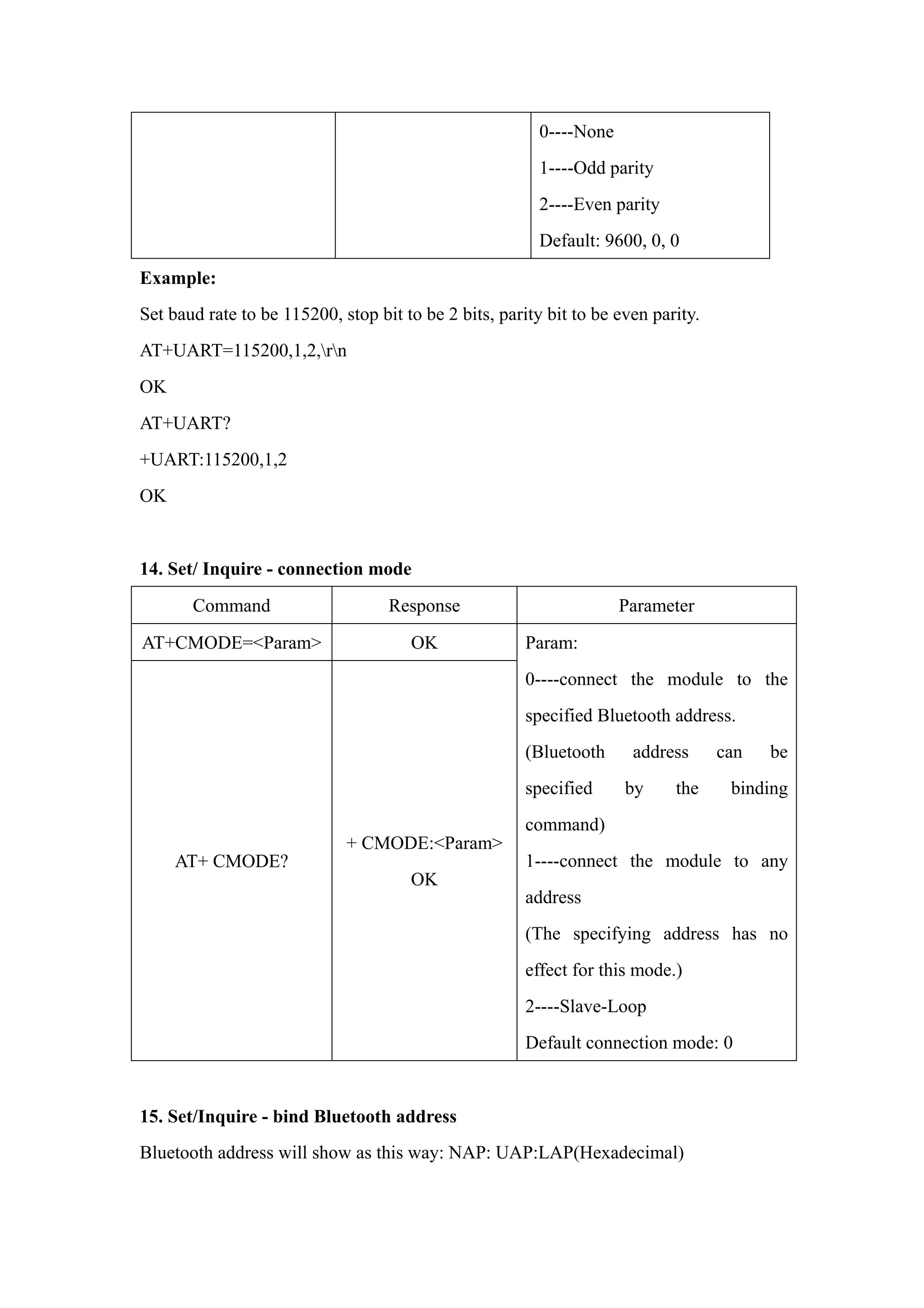 0----None
1----Odd parity
2----Even parity
Default: 9600, 0, 0
Example:
Set baud rate to be 115200, stop bit to be 2 bits, parity bit to be even parity.
AT+UART=115200,1,2,rn
OK
AT+UART?
+UART:115200,1,2
OK
14. Set/ Inquire - connection mode
Command Response Parameter
AT+CMODE=<Param> OK
AT+ CMODE?
+ CMODE:<Param>
OK
Param:
0----connect the module to the
specified Bluetooth address.
(Bluetooth address can be
specified by the binding
command)
1----connect the module to any
address
(The specifying address has no
effect for this mode.)
2----Slave-Loop
Default connection mode: 0
15. Set/Inquire - bind Bluetooth address
Bluetooth address will show as this way: NAP: UAP:LAP(Hexadecimal)
 