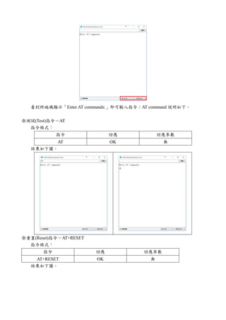 看到終端機顯示「Enter AT commands:」即可輸入指令；AT command 說明如下。
※測試(Test)指令－AT
指令格式：
指令 回應 回應參數
AT OK 無
結果如下圖。
※重置(Reset)指令－AT+RESET
指令格式：
指令 回應 回應參數
AT+RESET OK 無
結果如下圖。
 
