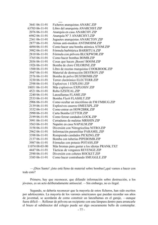 3641 06-11-91      Ficheros anarquistas ANARC.ZIP
   63703 06-11-91      Libro del anarquista ANARCHST.ZIP
    2076 06-11-91      Anarquía en casa ANARCHY.ZIP
    6982 06-11-91      Anarquía Nº 3 ANARCHY3.ZIP
    2361 06-11-91      Juguetes anarquistas ANARCTOY.ZIP
    2877 06-11-91      Armas anti-modem ANTIMODM.ZIP
    4494 06-11-91      Como hacer una bomba atómica ATOM.ZIP
    3982 06-11-91      Fórmula barbitúrica BARBITUA.ZIP
    2810 06-11-91      Fórmula con pólvora BLCKPWDR.ZIP
    3765 06-11-91      Como hacer bombas BOMB.ZIP
    2036 06-11-91      Cosas que hacen ¡Boom! BOOM.ZIP
    1926 06-11-91      Bomba de cloro CHLORINE.ZIP
    1500 06-11-91      Libro de recetas rnarquistas COOKBOOK.ZIP
    3947 06-11-91      Material de destrucción DESTROY.ZIP
    2576 06-11-91      Bomba de polvo DUSTBOMB.ZIP
    3230 06-11-91      Terror clectrónico ELECTERR.ZIP
    2598 06-11-91      Explosivos 1 EXPLOS1.ZIP
   18051 06-11-91      Más cxplosivos EXPLOSIV.ZIP
    4521 06-11-91      Robo EZSTEAL.ZIP
    2240 06-11-91      Lanzallamas FLAME.ZIP
    2533 06-11-91      Bomba Flash FLASHLT.ZIP
    2906 06-11-91      Como ocultar un micrófono de FM FMBUG.ZIP
    2139 06-11-91      Explosivos caseros OMEEXPL.ZIP
    3332 06-11-91      Como entrar en HOW2BRK.ZIP
    2990 06-11-91      Carta Bomba LETTER.ZIP
    2199 06-11-91      Como forzar candados LOCK.ZIP
    3991 06-11-91      Cerraduras de maletas MRSHIN.ZIP
    3563 06-11-91      Napalm en casa NAPALM.ZIP
    3158 06-11-91      Diversión con Nitrogricelina NITRO.ZIP
    2962 06-11-91      Información paramilitar PARAMIL.ZIP
    3398 06-11-91      Rompiendo candados PICKING.ZIP
    2137 06-11-91      Bomba con tuberías PIPEBOMB.ZIP
    3987 06-11-91      Fórmulas con potasio POTASS.ZIP
   11074 08-03-90      Más bromas para gastar a los idiotas PRANK.TXT
    4447 06-11-91      Tácticas de venganza REVENGE.ZIP
    2590 06-11-91      Diversión con cohetes ROCKET.ZIP
    3385 06-11-91      Como hacer contrabando SMUGGLE.ZIP


      —¡Dios Santo! ¡ésto está lleno de material sobre bombas!¿qué vamos a hacer con
todo esto?

     Primero, hay que reconocer, que difundir información sobre destrucción, a los
jóvenes, es un acto deliberadamente antisocial. —Sin embargo, no es ilegal.

      Segundo, se debería reconocer que la mayoría de estos ficheros, han sido escritos
por adolescentes. La mayoría de los varones americanos que puedan recordar sus años
de juventud, se acordarán de como construir un lanzallamas en el garaje, —aunque
fuera difícil—. Rellenar de pólvora un recipiente con una lámpara dentro para arrancarle
el brazo al subdirector del colegio puede ser algo oscuramente bello de contemplar.
                                            - 77 -
 