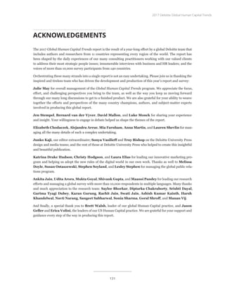 ACKNOWLEDGEMENTS
The 2017 Global Human Capital Trends report is the result of a year-long effort by a global Deloitte team that
includes authors and researchers from 11 countries representing every region of the world. The report has
been shaped by the daily experiences of our many consulting practitioners working with our valued clients
to address their most strategic people issues; innumerable interviews with business and HR leaders; and the
voices of more than 10,000 survey participants from 140 countries.
Orchestrating these many strands into a single report is not an easy undertaking. Please join us in thanking the
inspired and tireless team who has driven the development and production of this year’s report and survey:
Julie May for overall management of the Global Human Capital Trends program. We appreciate the focus,
effort, and challenging perspectives you bring to the team, as well as the way you keep us moving forward
through our many long discussions to get to a finished product. We are also grateful for your ability to weave
together the efforts and perspectives of the many country champions, authors, and subject-matter experts
involved in producing this global report.
Jen Stempel, Bernard van der Vyver, David Mallon, and Luke Monck for sharing your experience
and insight. Your willingness to engage in debate helped us shape the themes of the report.
Elizabeth Chodaczek, Alejandra Arrue, Mia Farnham, Anna Martin, and Lauren Shevlin for man-
aging all the many details of such a complex undertaking.
Junko Kaji, our editor extraordinaire; Sonya Vasilieff and Troy Bishop on the Deloitte University Press
design and media teams; and the rest of those at Deloitte University Press who helped to create this insightful
and beautiful publication.
Katrina Drake Hudson, Christy Hodgson, and Laura Elias for leading our innovative marketing pro-
gram and helping us adopt the new rules of the digital world in our own work. Thanks as well to Melissa
Doyle, Susan Ostaszewski, Stephen Soyland, and Lesley Stephen for managing the global public rela-
tions program.
Ankita Jain, Udita Arora, Mukta Goyal, Shivank Gupta, and Maansi Pandey for leading our research
efforts and managing a global survey with more than 10,000 respondents in multiple languages. Many thanks
and much appreciation to the research team: Saylee Bhorkar, Diptarka Chakraborty, Srishti Dayal,
Garima Tyagi Dubey, Karan Gurung, Rachit Jain, Swati Jain, Ashish Kumar Kainth, Harsh
Khandelwal, Navti Narang, Sangeet Sabharwal, Sonia Sharma, Goral Shroff, and Manan Vij.
And finally, a special thank you to Brett Walsh, leader of our global Human Capital practice, and Jason
Geller and Erica Volini, the leaders of our US Human Capital practice. We are grateful for your support and
guidance every step of the way in producing this report.
2017 Deloitte Global Human Capital Trends
131
 