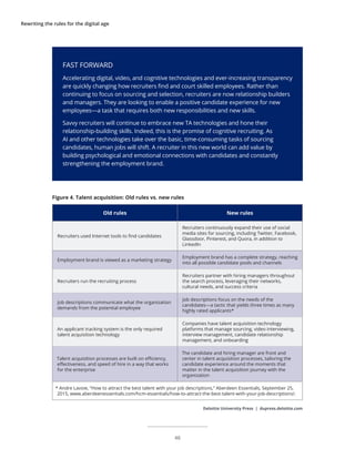 Rewriting the rules for the digital age
Figure 4. Talent acquisition: Old rules vs. new rules
Old rules New rules
Recruiters used Internet tools to find candidates
Recruiters continuously expand their use of social
media sites for sourcing, including Twitter, Facebook,
Glassdoor, Pinterest, and Quora, in addition to
LinkedIn
Employment brand is viewed as a marketing strategy
Employment brand has a complete strategy, reaching
into all possible candidate pools and channels
Recruiters run the recruiting process
Recruiters partner with hiring managers throughout
the search process, leveraging their networks,
cultural needs, and success criteria
Job descriptions communicate what the organization
demands from the potential employee
Job descriptions focus on the needs of the
candidates—a tactic that yields three times as many
highly rated applicants*
An applicant tracking system is the only required
talent acquisition technology
Companies have talent acquisition technology
platforms that manage sourcing, video interviewing,
interview management, candidate relationship
management, and onboarding
Talent acquisition processes are built on efficiency,
effectiveness, and speed of hire in a way that works
for the enterprise
The candidate and hiring manager are front and
center in talent acquisition processes, tailoring the
candidate experience around the moments that
matter in the talent acquisition journey with the
organization
* Andre Lavoie, “How to attract the best talent with your job descriptions,” Aberdeen Essentials, September 25,
2015, www.aberdeenessentials.com/hcm-essentials/how-to-attract-the-best-talent-with-your-job-descriptions/.
Deloitte University Press | dupress.deloitte.com
FAST FORWARD
Accelerating digital, video, and cognitive technologies and ever-increasing transparency
are quickly changing how recruiters find and court skilled employees. Rather than
continuing to focus on sourcing and selection, recruiters are now relationship builders
and managers. They are looking to enable a positive candidate experience for new
employees—a task that requires both new responsibilities and new skills.
Savvy recruiters will continue to embrace new TA technologies and hone their
relationship-building skills. Indeed, this is the promise of cognitive recruiting. As
AI and other technologies take over the basic, time-consuming tasks of sourcing
candidates, human jobs will shift. A recruiter in this new world can add value by
building psychological and emotional connections with candidates and constantly
strengthening the employment brand.
46
 