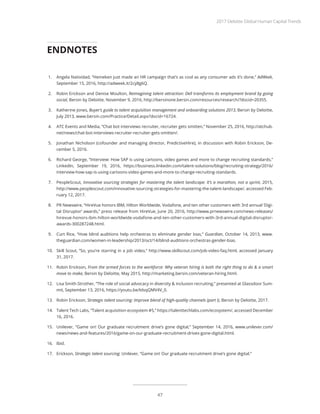 1.	 Angela Natividad, “Heineken just made an HR campaign that’s as cool as any consumer ads it’s done,” AdWeek,
September 15, 2016, http://adweek.it/2cy8g6Q.
2.	 Robin Erickson and Denise Moulton, Reimagining talent attraction: Dell transforms its employment brand by going
social, Bersin by Deloitte, November 9, 2016, http://bersinone.bersin.com/resources/research/?docid=20355.
3.	 Katherine Jones, Buyer’s guide to talent acquisition management and onboarding solutions 2013, Bersin by Deloitte,
July 2013, www.bersin.com/Practice/Detail.aspx?docid=16724.
4.	 ATC Events and Media, “Chat bot interviews recruiter, recruiter gets smitten,” November 25, 2016, http://atchub.
net/news/chat-bot-interviews-recruiter-recruiter-gets-smitten/.
5.	 Jonathan Nicholson (cofounder and managing director, PredictiveHire), in discussion with Robin Erickson, De-
cember 5, 2016.
6.	 Richard George, “Interview: How SAP is using cartoons, video games and more to change recruiting standards,”
LinkedIn, September 19, 2016, https://business.linkedin.com/talent-solutions/blog/recruiting-strategy/2016/
interview-how-sap-is-using-cartoons-video-games-and-more-to-change-recruiting-standards.
7.	 PeopleScout, Innovative sourcing strategies for mastering the talent landscape: It’s a marathon, not a sprint, 2015,
http://www.peoplescout.com/innovative-sourcing-strategies-for-mastering-the-talent-landscape/, accessed Feb-
ruary 12, 2017.
8.	 PR Newswire, “HireVue honors IBM, Hilton Worldwide, Vodafone, and ten other customers with 3rd annual ‘Digi-
tal Disruptor’ awards,” press release from HireVue, June 20, 2016, http://www.prnewswire.com/news-releases/
hirevue-honors-ibm-hilton-worldwide-vodafone-and-ten-other-customers-with-3rd-annual-digital-disruptor-
awards-300287248.html.
9.	 Curt Rice, “How blind auditions help orchestras to eliminate gender bias,” Guardian, October 14, 2013, www.
theguardian.com/women-in-leadership/2013/oct/14/blind-auditions-orchestras-gender-bias.
10.	 Skill Scout, “So, you’re starring in a job video,” http://www.skillscout.com/job-video-faq.html, accessed January
31, 2017.
11.	 Robin Erickson, From the armed forces to the workforce: Why veteran hiring is both the right thing to do & a smart
move to make, Bersin by Deloitte, May 2015, http://marketing.bersin.com/veteran-hiring.html.
12.	 Lisa Smith-Strother, “The role of social advocacy in diversity & inclusion recruiting,” presented at Glassdoor Sum-
mit, September 13, 2016, https://youtu.be/IdsqQMV4V_0.
13.	 Robin Erickson, Strategic talent sourcing: Improve blend of high-quality channels (part I), Bersin by Deloitte, 2017.
14.	 Talent Tech Labs, “Talent acquisition ecosystem #5,” https://talenttechlabs.com/ecosystem/, accessed December
16, 2016.
15.	 Unilever, “Game on! Our graduate recruitment drive’s gone digital,” September 14, 2016, www.unilever.com/
news/news-and-features/2016/game-on-our-graduate-recruitment-drives-gone-digital.html.
16.	 Ibid.
17.	 Erickson, Strategic talent sourcing; Unilever, “Game on! Our graduate recruitment drive’s gone digital.”
ENDNOTES
2017 Deloitte Global Human Capital Trends
47
 