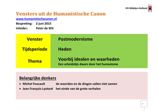 HV-Midden-Holland
1
Vensters uit de Humanistische Canon
www.humanistischecanon.nl
Bespreking: 2 juni 2015
Inleider: Peter de Wit
Venster Postmodernisme
Tijdsperiode Heden
Thema Voorbij idealen en waarheden
Een scheidslijn dwars door het humanisme
Belangrijke denkers
 Michel Foucault de woorden en de dingen vallen niet samen
 Jean François Lyotard het einde van de grote verhalen
 