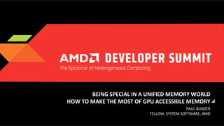 BEING	
  SPECIAL	
  IN	
  A	
  UNIFIED	
  MEMORY	
  WORLD	
  	
  
HOW	
  TO	
  MAKE	
  THE	
  MOST	
  OF	
  GPU	
  ACCESSIBLE	
  MEMORY	
  
PAUL	
  BLINZER	
  
FELLOW,	
  SYSTEM	
  SOFTWARE,	
  AMD	
  

 