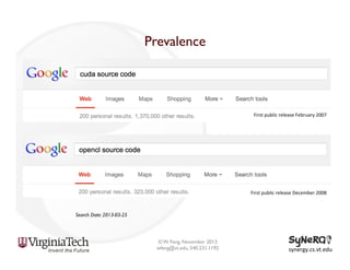 Prevalence

First	
  public	
  release	
  February	
  2007	
  

First	
  public	
  release	
  December	
  2008	
  

Search Date: 2013-03-25

© W. Feng, November 2013
wfeng@vt.edu, 540.231.1192

synergy.cs.vt.edu	
  

 