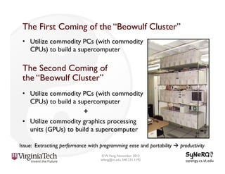 The First Coming of the “Beowulf Cluster”
•  Utilize commodity PCs (with commodity
CPUs) to build a supercomputer

The Second Coming of
the “Beowulf Cluster”
•  Utilize commodity PCs (with commodity
CPUs) to build a supercomputer
+
•  Utilize commodity graphics processing
units (GPUs) to build a supercomputer
Issue: Extracting performance with programming ease and portability à productivity
© W. Feng, November 2013
wfeng@vt.edu, 540.231.1192

synergy.cs.vt.edu	
  

 