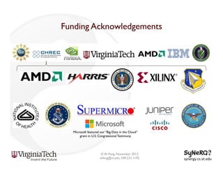 Funding Acknowledgements

Microsoft featured our “Big Data in the Cloud”
grant in U.S. Congressional Testimony

© W. Feng, November 2013
wfeng@vt.edu, 540.231.1192

synergy.cs.vt.edu	
  

 