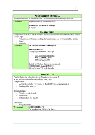 ACUTE OTITIS EXTERNA
Acute inflammation of the external ear canal due to bacterial or fungal infection
Treatment Dry the discharge and keep it clean
Gentamicin ear drops 2-3 drops
5-7 days.
MASTOIDITIS
Complication of AOM in which purulent material accumulates within the mastoid cavities.
Clinical signs
• Tenderness, erythema, swelling, fluctuance, mass and protrusion of the auricle.
• Fever
• Ear pain
Treatment To consider referral to a hospital
CEFTRIAXONE IV
75 mg/kg/dose OD for 7-10 days
- If no improvement in 48 h
ADD CLOXACILLIN IV
200 mg/kg/day QID
Switch to PO when there is improvement:
AMOXICILLIN-CLAVULANIC PO
80 mg/kg/day TID for 2-3 weeks
TONSILLITIS
Viral or bacterial infection due to Streptococcus group A
Acute inflammation of the tonsil and pharynges
Complication
• Acute Rheumatic Fever: due to due to Streptococcus group A
• Peritonsillar abscess
Bacterial signs
• Tender cervical node
• Headache
• Petechial on the palate
Viral signs
• Conjunctivitis
Treatment AMOXICILLIN PO
50 mg/kg/day BID for 10 days
 