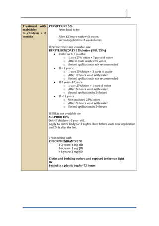 Treatment with
scabicides
In children > 2
months
PERMETRINE 5%
From head to toe
After 12 hours wash with water.
Second application: 2 weeks laters
If Permetrine is not available, use:
BENZYL BENZOATE 25% lotion (BBL 25%)
• Children 2- 6 months:
o 1 part 25% lotion + 3 parts of water
o After 6 hours wash with water
o Second application is not recommended
• If < 2 years:
o 1 part 25%lotion + 3 parts of water
o After 12 hours wash with water.
o Second application is not recommended
• If 2 years-12 years:
o 1 par t25%lotion + 1 part of water
o After 24 hours wash with water.
o Second application in 24 hours
• If >12 years
o Use undiluted 25% lotion
o After 24 hours wash with water
o Second application in 24 hours
If BBL is not available use
SULPHUR 10%
Only If children >2 years old.
Apply to entire body for 3 nights. Bath before each new application
and 24 h after the last.
Treat itching with
CHLORPHENIRAMINE PO
1-2 years: 1 mg BID
2-6 years: 1 mg QID
> 6 years: 2 mg QID
Cloths and bedding washed and exposed to the sun light
Or
Sealed in a plastic bag for 72 hours
 