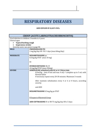 RESPIRATORY DISEASES
ADD OXYGEN IF O2SAT<94%
CROUP (ACUTE LARINGOTRACHEOBRONCHITIS)
Viral infection in children 3 months to 4 years
Clinical signs
• Typical barking cough
• Inspiratory stridor
Severity score: see annex in page 86
MILD PREDNISOLONE PO
2 mg/kg/day OD PO 3 days (max 60mg/day)
MODERATE DEXAMETHASONE po
0,5mg/kg STAT (max 10 mg)
Or
HYDROCORTISONE IM, IV
10 mg/kg/STAT (max 250mg)
SEVERE ADRENALINE nebulized with O2 at 4-5 litres/min
0,5ml/kg (min 0’5ml and max 4 ml) + complete up to 5 mL with
Normal Saline
If necessary repeat every 20-30 minutes. Maximum 3 rounds
After maintain nebulization every 4 or 6 or 8 hours, according
severity
and ADD
DEXAMETHASONE 0.5mg/kg po STAT
If Suspect of Bacterial Croup
ADD CEFTRIAXONE IV or IM 75 mg/kg/day OD x 5 days
 