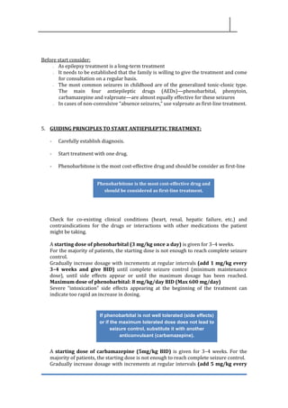 Before start consider:
- As epilepsy treatment is a long-term treatment
- It needs to be established that the family is willing to give the treatment and come
for consultation on a regular basis.
- The most common seizures in childhood are of the generalized tonic-clonic type.
The main four antiepileptic drugs (AEDs)—phenobarbital, phenytoin,
carbamazepine and valproate—are almost equally effective for these seizures
- In cases of non-convulsive “absence seizures,” use valproate as first-line treatment.
5. GUIDING PRINCIPLES TO START ANTIEPILEPTIC TREATMENT:
- Carefully establish diagnosis.
- Start treatment with one drug.
- Phenobarbitone is the most cost-effective drug and should be consider as first-line
Check for co-existing clinical conditions (heart, renal, hepatic failure, etc.) and
contraindications for the drugs or interactions with other medications the patient
might be taking.
A starting dose of phenobarbital (3 mg/kg once a day) is given for 3–4 weeks.
For the majority of patients, the starting dose is not enough to reach complete seizure
control.
Gradually increase dosage with increments at regular intervals (add 1 mg/kg every
3–4 weeks and give BID) until complete seizure control (minimum maintenance
dose), until side effects appear or until the maximum dosage has been reached.
Maximum dose of phenobarbital: 8 mg/kg/day BID (Max 600 mg/day)
Severe “intoxication” side effects appearing at the beginning of the treatment can
indicate too rapid an increase in dosing.
A starting dose of carbamazepine (5mg/kg BID) is given for 3–4 weeks. For the
majority of patients, the starting dose is not enough to reach complete seizure control.
Gradually increase dosage with increments at regular intervals (add 5 mg/kg every
Phenobarbitone is the most cost-effective drug and
should be considered as first-line treatment.
If phenobarbital is not well tolerated (side effects)
or if the maximum tolerated dose does not lead to
seizure control, substitute it with another
anticonvulsant (carbamazepine).
 