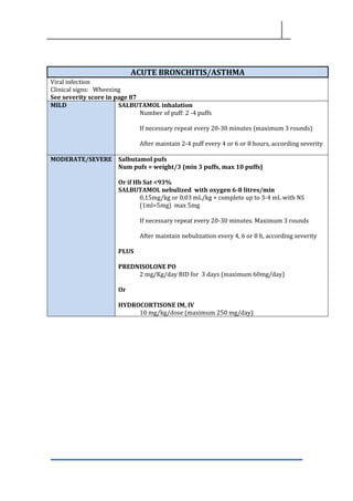 ACUTE BRONCHITIS/ASTHMA
Viral infection
Clinical signs: Wheezing
See severity score in page 87
MILD SALBUTAMOL inhalation
Number of puff: 2 -4 puffs
If necessary repeat every 20-30 minutes (maximum 3 rounds)
After maintain 2-4 puff every 4 or 6 or 8 hours, according severity
MODERATE/SEVERE Salbutamol pufs
Num pufs = weight/3 (min 3 puffs, max 10 puffs)
Or if Hb Sat <93%
SALBUTAMOL nebulized with oxygen 6-8 litres/min
0,15mg/kg or 0,03 mL/kg + complete up to 3-4 mL with NS
(1ml=5mg) max 5mg
If necessary repeat every 20-30 minutes. Maximum 3 rounds
After maintain nebulization every 4, 6 or 8 h, according severity
PLUS
PREDNISOLONE PO
2 mg/Kg/day BID for 3 days (maximum 60mg/day)
Or
HYDROCORTISONE IM, IV
10 mg/kg/dose (maximum 250 mg/day)
 