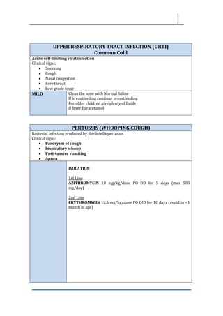 UPPER RESPIRATORY TRACT INFECTION (URTI)
Common Cold
Acute self-limiting viral infection
Clinical signs:
• Sneezing
• Cough
• Nasal congestion
• Sore throat
• Low grade fever
MILD Clean the nose with Normal Saline
If breastfeeding continue breastfeeding
For older children give plenty of fluids
If fever Paracetamol
PERTUSSIS (WHOOPING COUGH)
Bacterial infection produced by Bordetella pertussis
Clinical signs:
• Paroxysm of cough
• Inspiratory whoop
• Post-tussive vomiting
• Apnea
ISOLATION
1st Line
AZITHROMYCIN 10 mg/kg/dose PO OD for 5 days (max 500
mg/day)
2nd Line
ERYTHROMYCIN 12,5 mg/kg/dose PO QID for 10 days (avoid in <1
month of age)
 