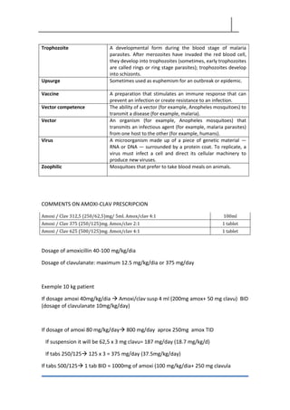 Trophozoite A developmental form during the blood stage of malaria
parasites. After merozoites have invaded the red blood cell,
they develop into trophozoites (sometimes, early trophozoites
are called rings or ring stage parasites); trophozoites develop
into schizonts.
Upsurge Sometimes used as euphemism for an outbreak or epidemic.
Vaccine A preparation that stimulates an immune response that can
prevent an infection or create resistance to an infection.
Vector competence The ability of a vector (for example, Anopheles mosquitoes) to
transmit a disease (for example, malaria).
Vector An organism (for example, Anopheles mosquitoes) that
transmits an infectious agent (for example, malaria parasites)
from one host to the other (for example, humans).
Virus A microorganism made up of a piece of genetic material —
RNA or DNA — surrounded by a protein coat. To replicate, a
virus must infect a cell and direct its cellular machinery to
produce new viruses.
Zoophilic Mosquitoes that prefer to take blood meals on animals.
COMMENTS ON AMOXI-CLAV PRESCRIPCION
Amoxi / Clav 312,5 (250/62,5)mg/ 5ml. Amox/clav 4:1 100ml
Amoxi / Clav 375 (250/125)mg. Amox/clav 2:1 1 tablet
Amoxi / Clav 625 (500/125)mg. Amox/clav 4:1 1 tablet
Dosage of amoxicillin 40-100 mg/kg/dia
Dosage of clavulanate: maximum 12.5 mg/kg/dia or 375 mg/day
Exemple 10 kg patient
If dosage amoxi 40mg/kg/dia → Amoxi/clav susp 4 ml (200mg amox+ 50 mg clavu) BID
(dosage of clavulanate 10mg/kg/day)
If dosage of amoxi 80 mg/kg/day→ 800 mg/day aprox 250mg amox TID
If suspension it will be 62,5 x 3 mg clavu= 187 mg/day (18.7 mg/kg/d)
If tabs 250/125→ 125 x 3 = 375 mg/day (37.5mg/kg/day)
If tabs 500/125→ 1 tab BID = 1000mg of amoxi (100 mg/kg/dia+ 250 mg clavula
 