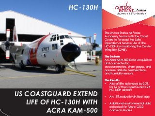 HC-130H


                          The United States Air Force
                          Academy teams with the Coast
                          Guard to forecast the Safe
                          Operational Service Life of the
                          HC-130H by monitoring the Center
                          Wing Box (CWB).

                          The System
                          An Acra KAM-500 Data Acquisition
                          Unit connected to accelerometers,
                          strain gages, and pressure altitude,
                          temperature, and humidity
                          sensors.

                          The Results
                          •   Aircraft life extended by 20%
                              for 16 of the Coast Guard’s 26
                              HC-130H aircraft
US COASTGUARD EXTEND      •   An 11% reduction in fleet age

   LIFE OF HC-130H WITH   •   Additional environmental data
                              collected for future C130
         ACRA KAM-500         corrosion studies.
 