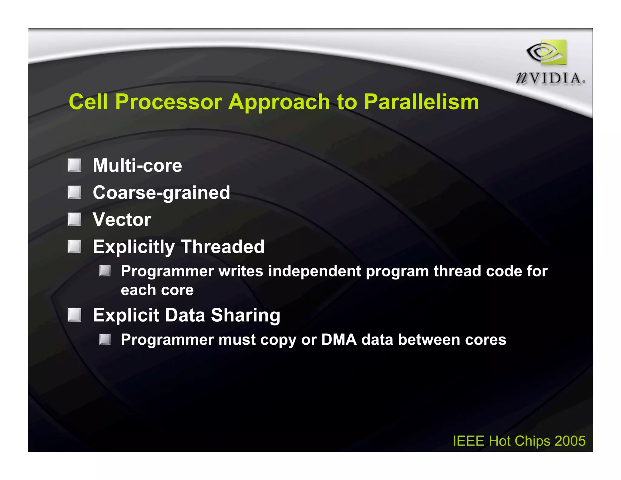 IEEE Hot Chips 2005
Cell Processor Approach to Parallelism
Multi-core
Coarse-grained
Vector
Explicitly Threaded
Programmer writes independent program thread code for
each core
Explicit Data Sharing
Programmer must copy or DMA data between cores
 
