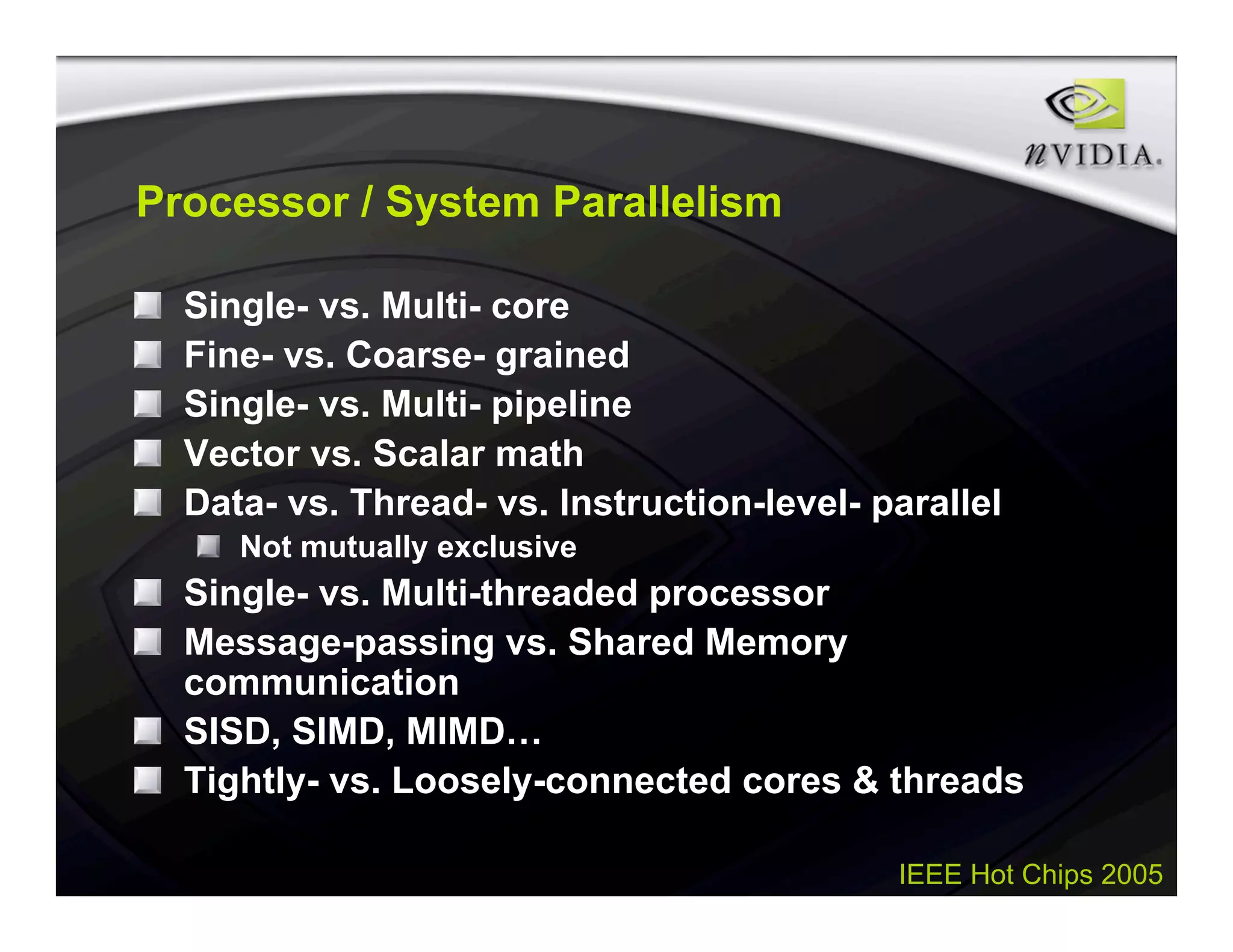 IEEE Hot Chips 2005
Processor / System Parallelism
Single- vs. Multi- core
Fine- vs. Coarse- grained
Single- vs. Multi- pipeline
Vector vs. Scalar math
Data- vs. Thread- vs. Instruction-level- parallel
Not mutually exclusive
Single- vs. Multi-threaded processor
Message-passing vs. Shared Memory
communication
SISD, SIMD, MIMD…
Tightly- vs. Loosely-connected cores & threads
 