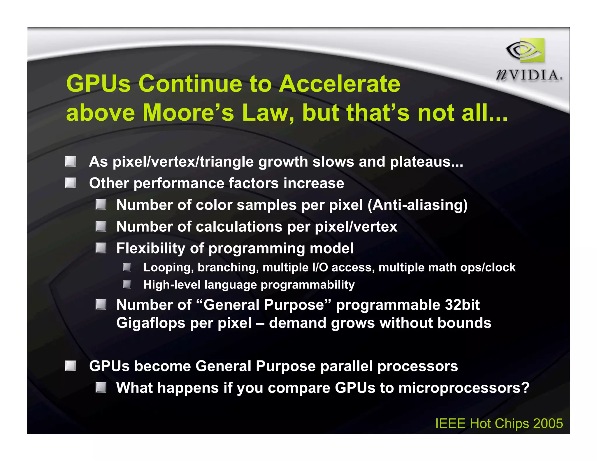 IEEE Hot Chips 2005
GPUs Continue to Accelerate
above Moore’s Law, but that’s not all...
As pixel/vertex/triangle growth slows and plateaus...
Other performance factors increase
Number of color samples per pixel (Anti-aliasing)
Number of calculations per pixel/vertex
Flexibility of programming model
Looping, branching, multiple I/O access, multiple math ops/clock
High-level language programmability
Number of “General Purpose” programmable 32bit
Gigaflops per pixel – demand grows without bounds
GPUs become General Purpose parallel processors
What happens if you compare GPUs to microprocessors?
 