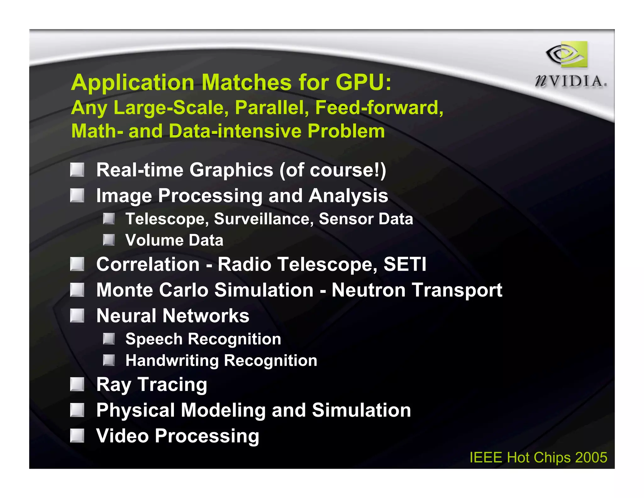 IEEE Hot Chips 2005
Application Matches for GPU:
Any Large-Scale, Parallel, Feed-forward,
Math- and Data-intensive Problem
Real-time Graphics (of course!)
Image Processing and Analysis
Telescope, Surveillance, Sensor Data
Volume Data
Correlation - Radio Telescope, SETI
Monte Carlo Simulation - Neutron Transport
Neural Networks
Speech Recognition
Handwriting Recognition
Ray Tracing
Physical Modeling and Simulation
Video Processing
 