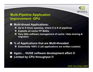 IEEE Hot Chips 2005
Multi-Pipeline Application
Improvement: GPU
Multi-thread Applications:
Up to X times speedup, where X is # of pipelines
Exploits x4 vector FP MADs
Very little software management of cache / data sharing &
migration
% of Applications that are Multi-threaded
Essentially 100%  (all applications are written custom)
Again… HUGE software development effort 
Limited by CPU throughput 
 