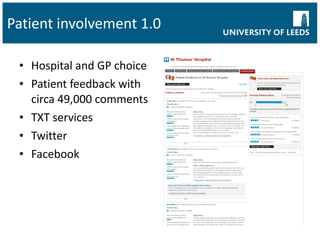 Patient involvement 1.0 Hospital and GP choice Patient feedback with circa 49,000 comments TXT services Twitter Facebook 
