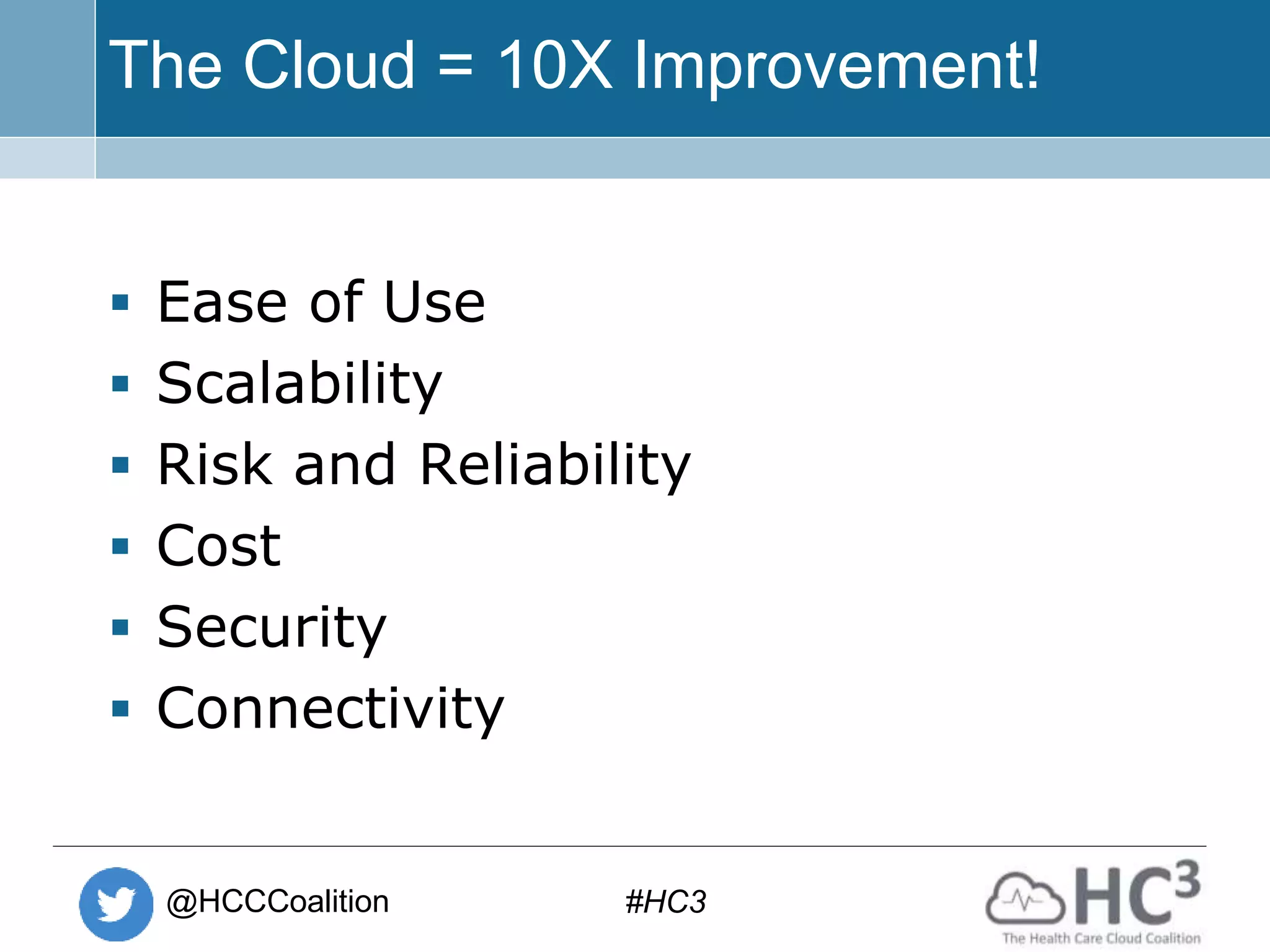 @HCCCoalition #HC3
The Cloud = 10X Improvement!
 Ease of Use
 Scalability
 Risk and Reliability
 Cost
 Security
 Connectivity
 