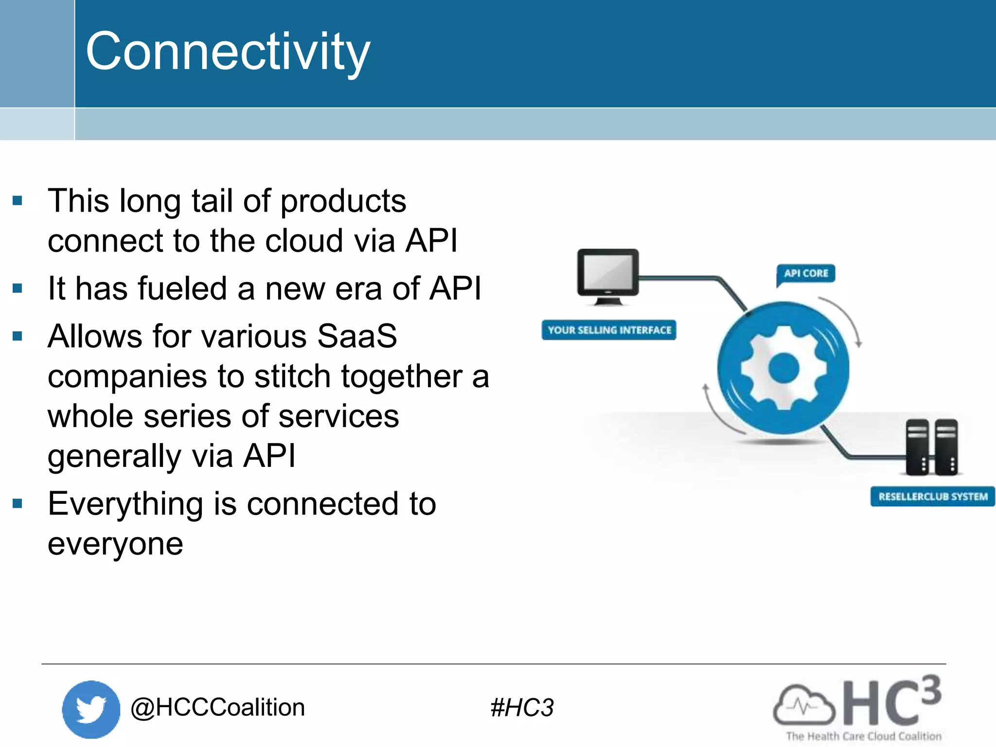 @HCCCoalition #HC3
Connectivity
 This long tail of products
connect to the cloud via API
 It has fueled a new era of API
 Allows for various SaaS
companies to stitch together a
whole series of services
generally via API
 Everything is connected to
everyone
 