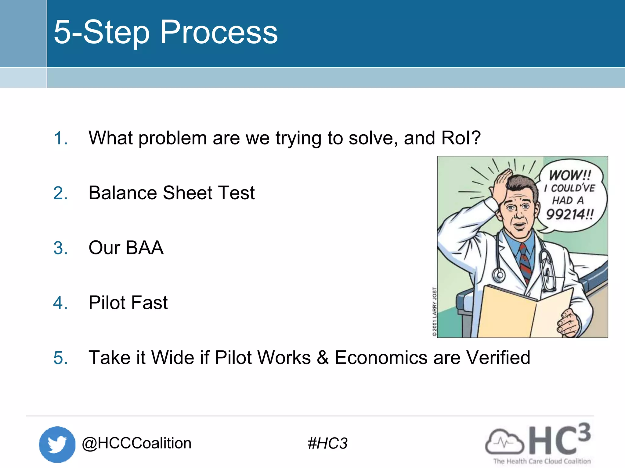 @HCCCoalition #HC3
5-Step Process
1. What problem are we trying to solve, and RoI?
2. Balance Sheet Test
3. Our BAA
4. Pilot Fast
5. Take it Wide if Pilot Works & Economics are Verified
 