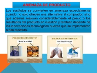 AMENAZA DE PRODUCTO
SUSTITUTIVOLos sustitutos se convierten en amenaza especialmente
cuando no sólo ofrecen una alternativa al comprador, sino
que además mejoran considerablemente el precio o los
resultados del producto en cuestión y también depende de
las innovaciones tecnológicas nuevas que se implementen
a ese sustituto.
 