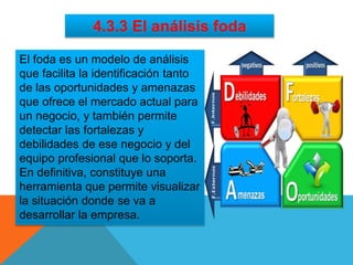 El foda es un modelo de análisis
que facilita la identificación tanto
de las oportunidades y amenazas
que ofrece el mercado actual para
un negocio, y también permite
detectar las fortalezas y
debilidades de ese negocio y del
equipo profesional que lo soporta.
En definitiva, constituye una
herramienta que permite visualizar
la situación donde se va a
desarrollar la empresa.
4.3.3 El análisis foda
 