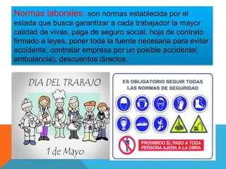 Normas laborales: son normas establecida por el
estada que busca garantizar a cada trabajador la mayor
calidad de vivas, paga de seguro social, hoja de contrato
firmado a leyes, poner toda la fuente necesaria para evitar
accidente, contratar empresa por un posible accidente(
ambulancia), descuentos directos.
 