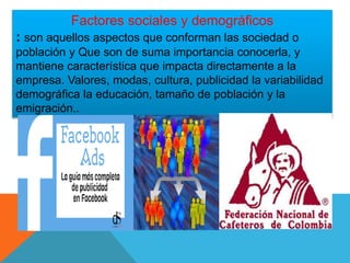 Factores sociales y demográficos
: son aquellos aspectos que conforman las sociedad o
población y Que son de suma importancia conocerla, y
mantiene característica que impacta directamente a la
empresa. Valores, modas, cultura, publicidad la variabilidad
demográfica la educación, tamaño de población y la
emigración..
 