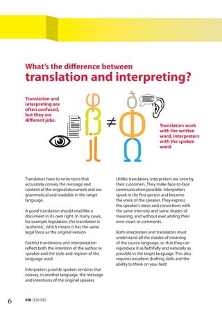 6 six [EN/FR]
What’s the diﬀerence between
translation and interpreting?
Translation and
interpreting are
often confused,
but they are
diﬀerent jobs.
Translators work
with the written
word, interpreters
with the spoken
word.
Translators have to write texts that
accurately convey the message and
content of the original document and are
grammatical and readable in the target
language.
A good translation should read like a
document in its own right. In many cases,
for example legislation, the translation is
‘authentic’, which means it has the same
legal force as the original version.
Faithful translations and interpretation
reﬂect both the intention of the author or
speaker and the style and register of the
language used.
Interpreters provide spoken versions that
convey, in another language, the message
and intentions of the original speaker.
Unlike translators, interpreters are seen by
their customers. They make face-to-face
communication possible. Interpreters
speak in the ﬁrst person and become
the voice of the speaker. They express
the speaker’s ideas and convictions with
the same intensity and same shades of
meaning, and without ever adding their
own views or comments.
Both interpreters and translators must
understand all the shades of meaning
of the source language, so that they can
reproduce it as faithfully and naturally as
possible in the target language. This also
requires excellent drafting skills and the
ability to think on your feet!
≠
 