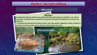 Partie I : les trois milieux
Milieu naturel:
Milieu naturel modifie:
Définition :
Ensemble des facteurs extérieurs qui agissent de façon permanente ou durable sur un animal,
une plante, une biocénose et auxquels les organismes doivent être adaptés pour survivre et se
perpétuer.
L'ensemble des éléments de la nature (climat, sols, eaux, pentes, végétation, faune), présents et
associés en un lieu et autour de lui, forme le milieu naturel de ce lieu.
 