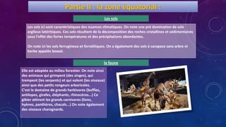 Partie II : la zone équatorial :
la faune
Les sols ici sont caractéristiques des nuances climatiques. On note une pré domination de sols
argileux latéritiques. Ces sols résultent de la décomposition des roches cristallines et sédimentaires
sous l'effet des fortes températures et des précipitations abondantes.
On note ici les sols ferrugineux et ferralitiques. On a également des sols à carapace sans arbre ni
herbe appelés bowal.
Elle est adaptée au milieu forestier. On note ainsi
des animaux qui grimpent (des singes), qui
trempent (les serpents) et qui volent (les oiseaux)
ainsi que des petits rongeurs arboricoles.
C'est le domaine de grands herbivores (buffles,
antilopes, girafes, éléphants, rhinocéros...) Ce
gibier attirent les grands carnivores (lions,
hyènes, panthères, chacals...) On note également
des oiseaux charognards.
Les sols
 