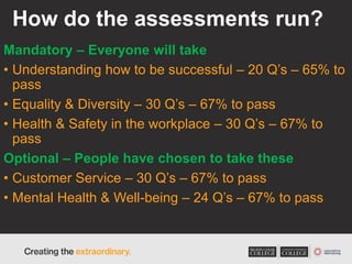 How do the assessments run?
Mandatory – Everyone will take
• Understanding how to be successful – 20 Q’s – 65% to
pass
• Equality & Diversity – 30 Q’s – 67% to pass
• Health & Safety in the workplace – 30 Q’s – 67% to
pass
Optional – People have chosen to take these
• Customer Service – 30 Q’s – 67% to pass
• Mental Health & Well-being – 24 Q’s – 67% to pass
 