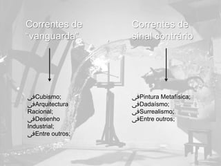 Correntes de     Correntes de
“vanguarda”      sinal contrário




‫ﰱ‬Cubismo;        ‫ﰱ‬Pintura Metafísica;
‫ﰱ‬Arquitectura    ‫ﰱ‬Dadaísmo;
Racional;        ‫ﰱ‬Surrealismo;
‫ﰱ‬Desenho         ‫ﰱ‬Entre outros;
Industrial;
‫ﰱ‬Entre outros;
 