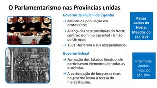 Governo de Filipe II de Espanha
→ Maioria da população era
protestante;
→ Aliança das sete províncias do Norte
contra o domínio espanhol - União
de Utreque;
→ 1581: declaram a sua independência.
Governo federal
→ Formação dos Estados Gerais onde
participavam elementos de todas as
províncias;
→ A participação de burgueses ricos
no governo levou à recusa do
mercantilismo.
O Parlamentarismo nas Províncias unidas
Países
Baixos do
Norte.
Meados do
séc. XVI
Províncias
Unidas.
Início do
séc. XVII
 