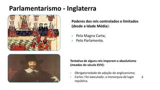 Parlamentarismo - Inglaterra
Poderes dos reis controlados e limitados
(desde a Idade Média):
› Pela Magna Carta;
› Pelo Parlamento.
Tentativa de alguns reis imporem o absolutismo
(meados do século XVII):
› Obrigatoriedade de adoção do anglicanismo;
› Carlos I foi executado: a monarquia dá lugar à
república.
 