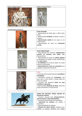 Pietá, de Miguel Ângelo David, de Miguel Ângelo
Caracterização de Estátuas:
David- Donatello
- Representação de David após a vitória sobre
Golias;
- Representação triunfante na atitude, na pose e
no gesto;
- Representação realista de um rapaz nu, em
escala natural;
- Representação do corpo em contraposto
sinuoso;
David- Miguel Ângelo
- Representação do momento imediatamente
anterior ao confronto com Golias (Alto
Renascimento);
- Representação de David em atitude vigilante
ou desafiante em relação a Golias, evidenciando
uma pose serena;
- Nu idealizado de um jovem adulto, em escala
heroica e monumental;
- Representação do corpo em contraposto com
sugestão suavizada do movimento;
?????
- Expressão facial caracterizada pela serenidade e
formalidade;
- Movimento marcado por contraposto, com
peso sobre a pena direita e rotação ligeira do
torso e da cabeça;
- Escultura que apresenta David em pose
triunfante e repousada;
- Representação idealizada de David, visível nos
trajes cerimoniosos e na pose formal;
Andrea Del Verrochio, Estátua equestre de
Bartolomeo Colleoni
- Escultura marcada pelo antropocentrismo,
pelo humanismo e pelo individualismo;
- Tratamento geometrizado das composições;
- Autonomia da escultura em relação à
arquitetura;
- Monumentalidade das estátuas;
- Influência da cultura clássica, tomando como
modelo as estátuas equestres dos antigos
 
