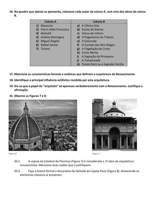 16. No quadro que abaixo se apresenta, relacione cada autor da coluna A, com uma das obras da coluna
B.
Coluna A Coluna B
1) Masaccio
2) Pierro della Francesca
3) Boticelli
4) Andrea Mantegna
5) Miguel Ângelo
6) Rafael Sanzio
7) Ticiano
a) A Última Ceia
b) Escola de Atenas
c) Vénus de Urbino
d) O Pagamento do Tributo
e) A Gioconda
f) O Cortejo dos Reis Magos
g) A Flagelação de Cristo
h) Cristo Morto
i) A Sagração da Primavera
j) A Tempestade
k) Tondo Doni ou a Sagrada Família
17. Mencione as características formais e estéticas que definem a arquitetura do Renascimento.
18. Identifique a principal influência estilística recebida por esta arquitetura.
19. Diz-
afirmação.
20. Observe as Figuras 7 e 8.
20.1. A cúpula da Catedral de Florença (Figura 7) é considerada a 1ª obra da arquitetura
renascentista. Mencione duas razões que o justifiquem.
20.2. Faça a leitura formal e decorativa da fachada da Capela Pazzi (Figura 8), destacando os
elementos clássicos aí presentes.
Figura 7
Figura 8
 