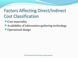 © 2012 Pearson Prentice Hall. All rights reserved.
Factors Affecting Direct/Indirect
Cost Classification
Cost materiality
Availability of information-gathering technology
Operational design
 