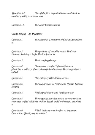 Question 14. One of the first organizations established to
monitor quality assurance was
Question 15. The Joint Commission is
Grade Details - All Questions
Question 1. The National Committee of Quality Assurance
is
Question 2. The premise of the IOM report To Err Is
Human: Building a Safer Health System is
Question 3. The Leapfrog Group
Question 4. Consumers can find information on a
physician’s delivery of care through health plans. These reports are
called
Question 5. One category HEDIS measures is
Question 6. The Department of Health and Human Services
created
Question 7. Healthgrades.com and Vitals.com are
Question 8. The organization that assists poverty stricken
countries to find solutions to their health and development problems
is
Question 9. Which industry was the first to implement
Continuous Quality Improvement?
 
