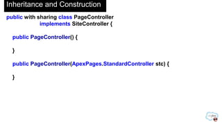 Handling Parameters
//check the existence of the query parameter
if(ApexPages.currentPage().getParameters().containsKey(„id‟)) {
try {
Id aid = ApexPages.currentPage().getParameters().get(„id‟);
Account a =
[SELECT Id, Name, BillingStreet FROM Account
WHERE ID =: aid];
} catch(QueryException ex) {
ApexPages.addMessage(new ApexPages.Message(
ApexPages.Severity.FATAL, ex.getMessage()));
return;
}
}

 